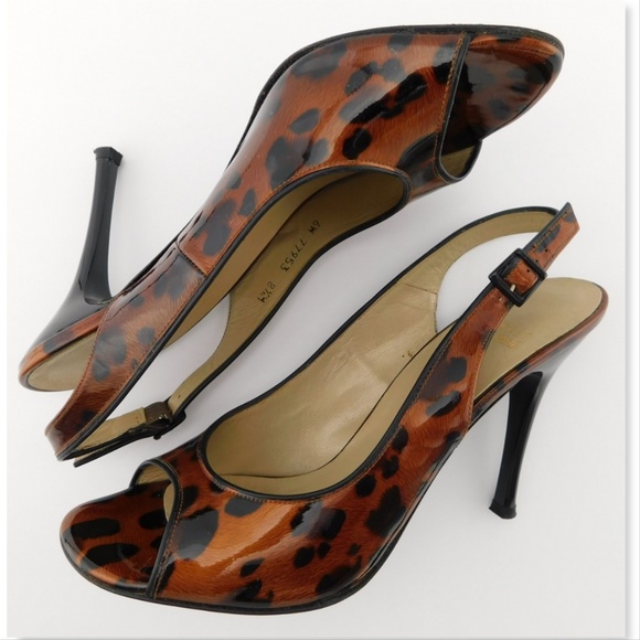 STUART WEITZMAN Leopard Patent Leather Open Toe Sling Heel Sandal Pumps 8.5 - Picture 6 of 8